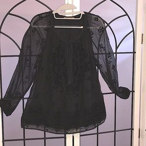 Sheer, velvet embellished long sleeve blouse.